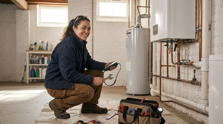 Plumbing technician conducting a gas pressure test on residential black iron gas piping in Glendale, Queens
