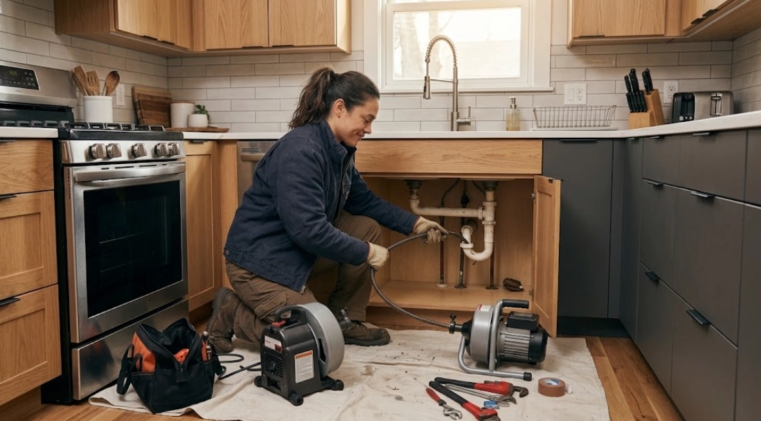 Plumber clearing a kitchen sink drain stoppage with professional mechanical snaking tools in Glendale, Queens