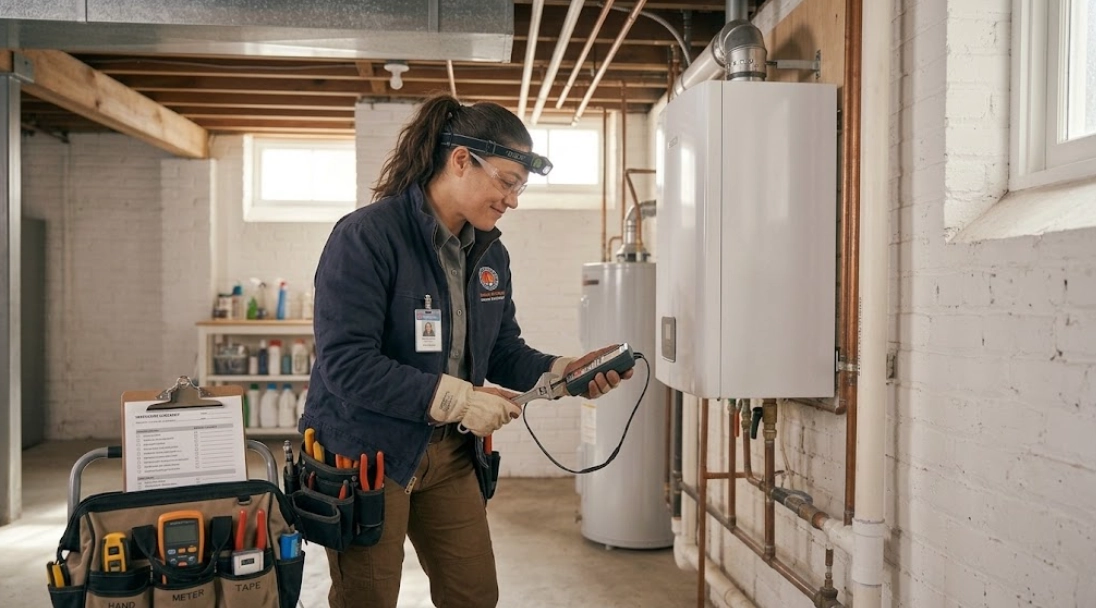 Professional boiler repair technician inspecting residential heating equipment in Glendale, Queens