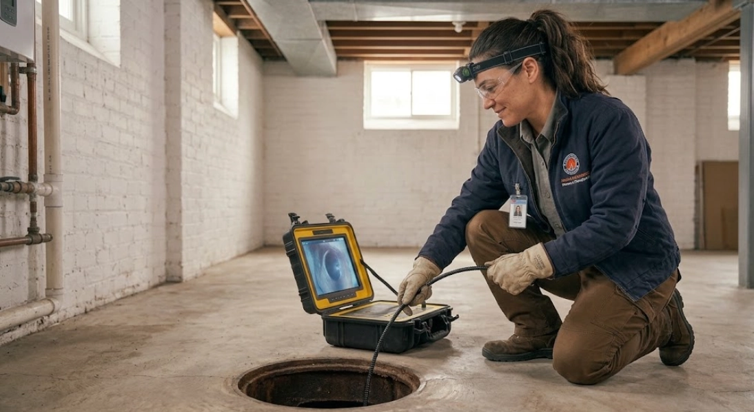 High-definition sewer camera inspection monitor showing interior pipe condition in Glendale, Queens
