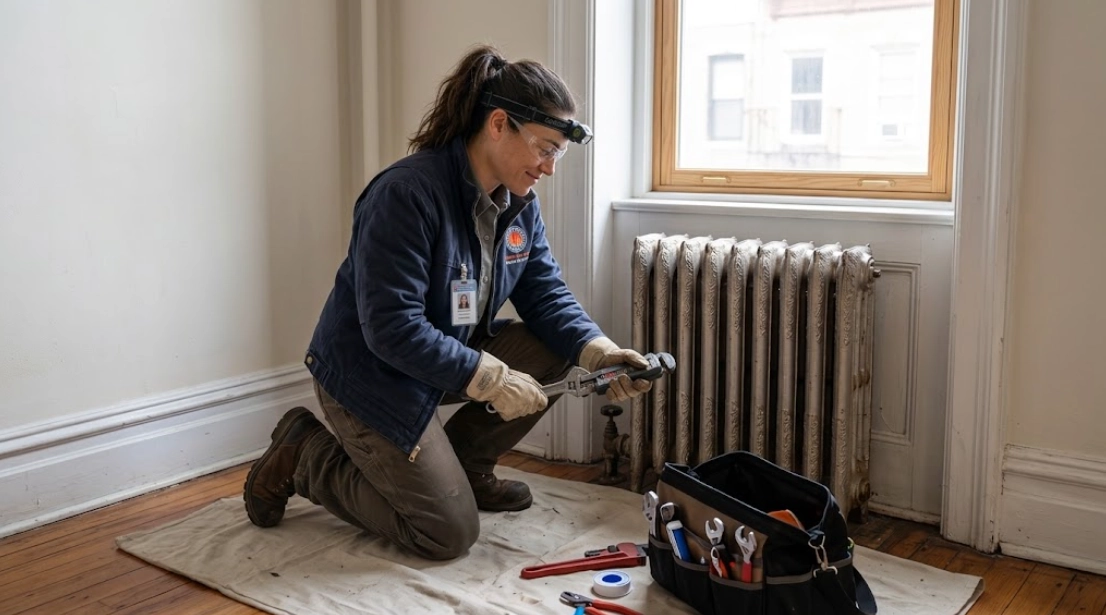 Plumber replacing a heavy steam radiator valve and air vent in Glendale, Queens