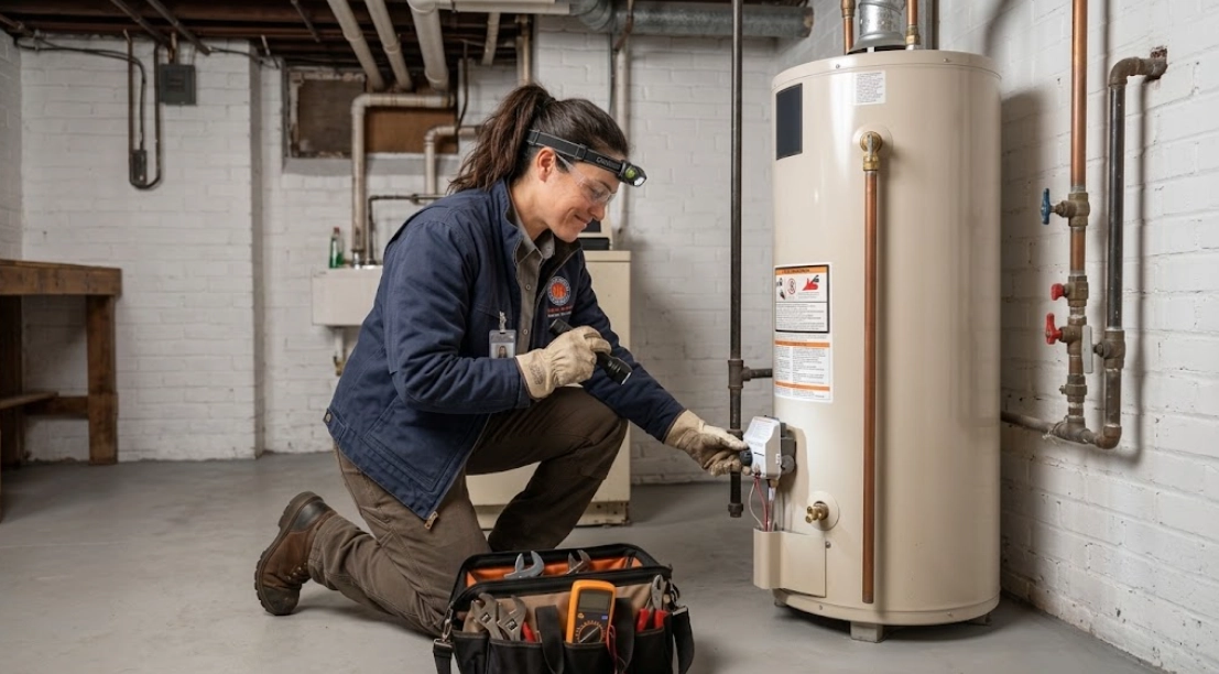 Plumbing technician testing a residential gas water heater in Glendale, Queens
